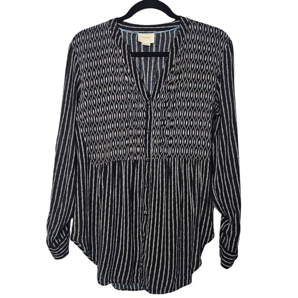 Maeve Black and White Patterned Button-Front Blouse